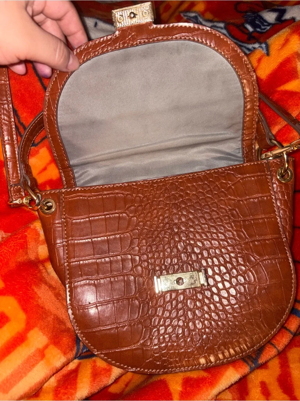 Gianni Bini Brown Croc-Embossed Crossbody Saddle Bag